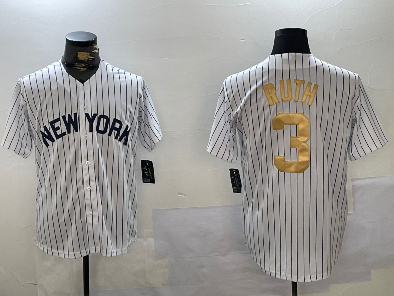 New York Yankees #3 Babe Ruth White Pinstripe Fashion Cool Base Stitched Baseball Jersey baseball jersey product view 1