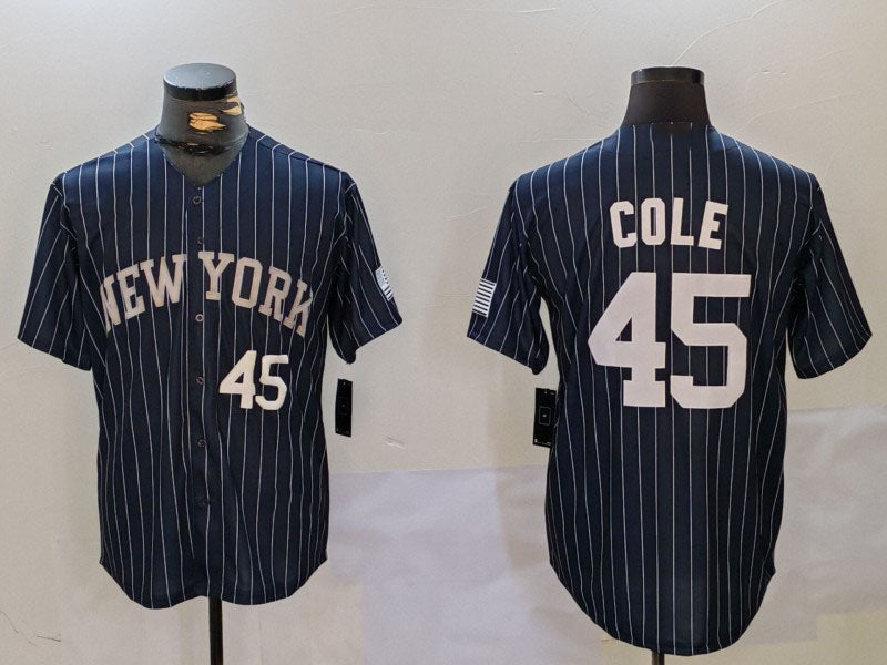 New York Yankees #45 Gerrit Cole Navy Pinstripe Fashion Cool Base Baseball Jersey baseball jersey product view 1