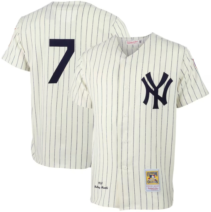 New York Yankees #7 Mickey Mantle 1951 Cooperstown Collection Authentic Jersey - Cream. Stitches Baseball Jerseys baseball jersey product view 1