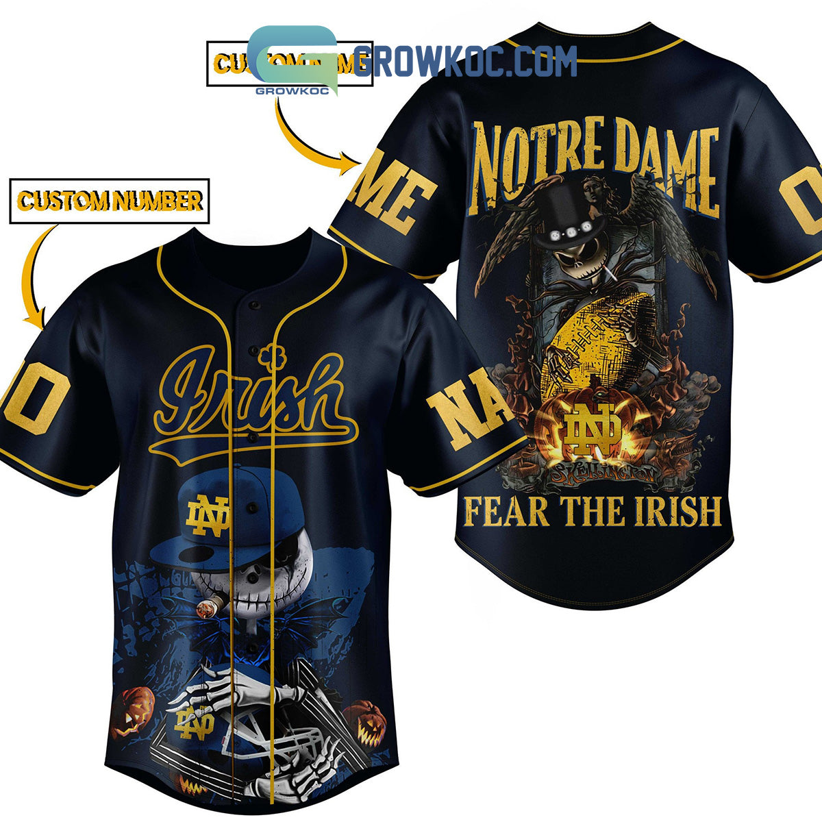 Notre Dame Fear The Irish Jack Skellington Personalized Baseball Jersey Unisex T-shirt, Sweatshirt, Hoodie, Long Sleeve Tee - T-Shirt, Sweatshirt, Hoodie