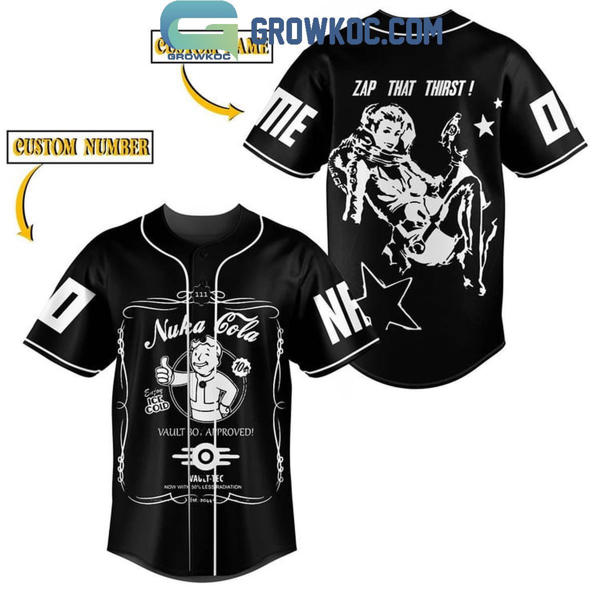 Nuka Cola Zap That Thirst Fallout Black And White Personalized Baseball Jersey Unisex T-shirt, Sweatshirt, Hoodie, Long Sleeve Tee - T-Shirt, Sweatshirt, Hoodie