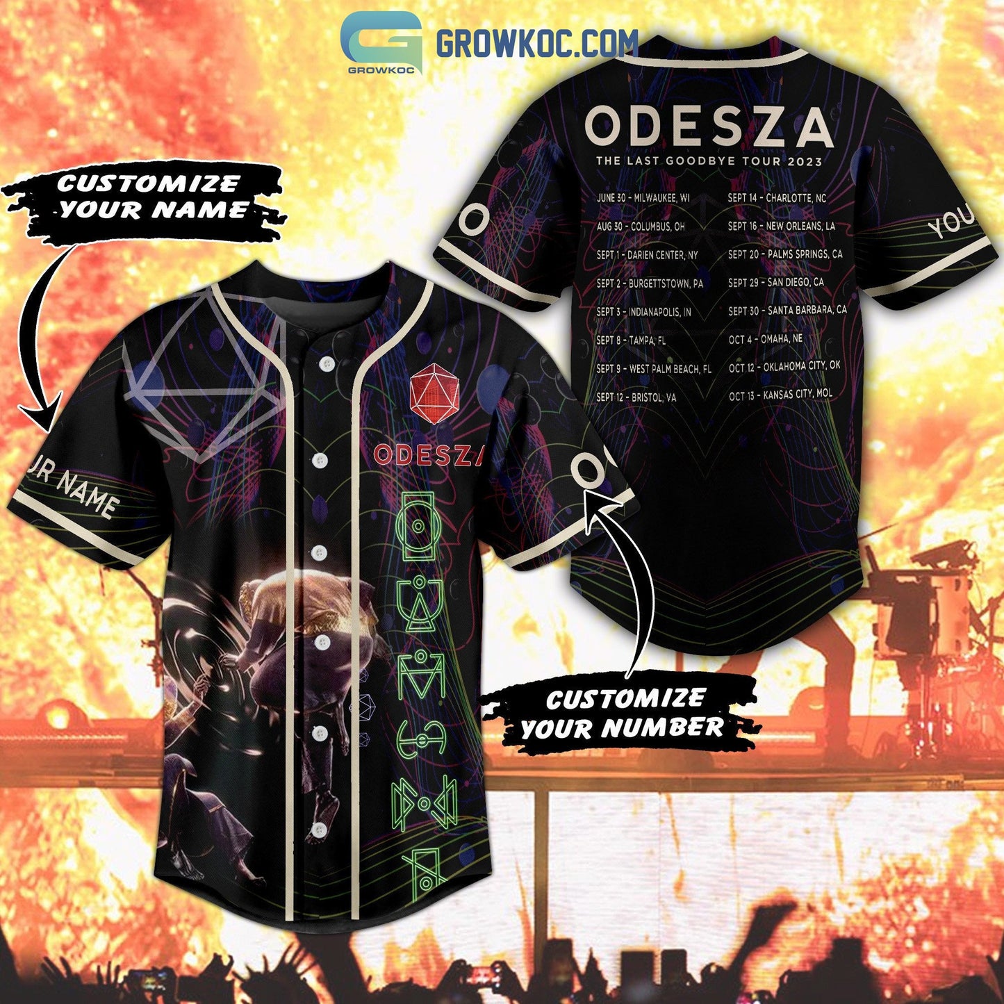 Odesza The Last Goodbye Tour 2023 Personalized Baseball Jersey Unisex T-shirt, Sweatshirt, Hoodie, Long Sleeve Tee - T-Shirt, Sweatshirt, Hoodie
