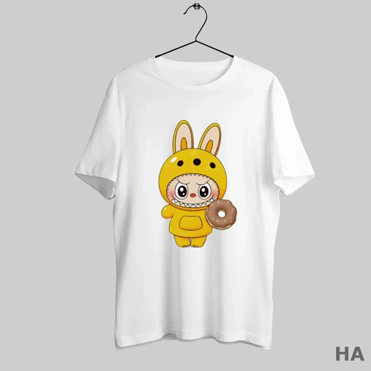 Official Labubu Wearing Yellow Bunny Rabbit Costume Holding Donut T-Shirts, Hoodie, Sweatshirt - T-Shirt, Sweatshirt, Hoodie