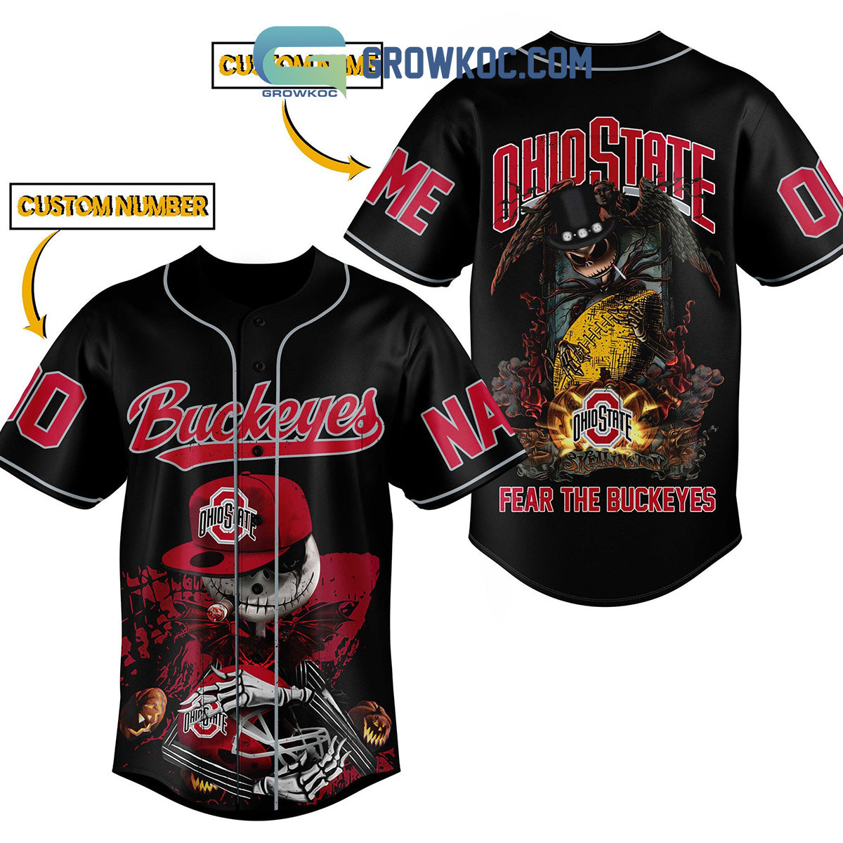 Ohio State Fear The Buckeyes Jack Skellington Halloween Personalized Baseball Jersey Unisex T-shirt, Sweatshirt, Hoodie, Long Sleeve Tee - T-Shirt, Sweatshirt, Hoodie