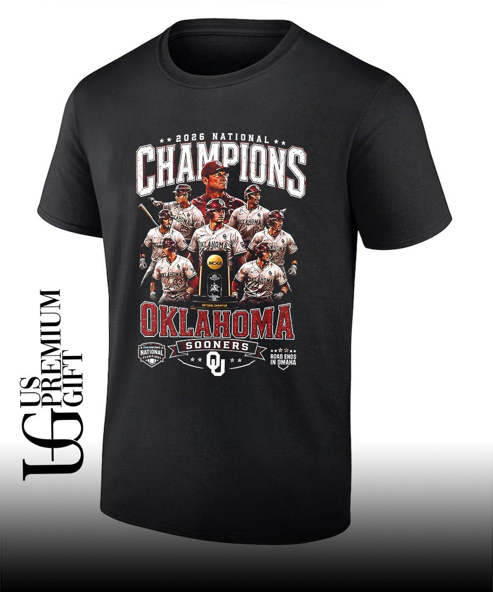 Oklahoma Sooners Baseball 2026 National Champions Road Ends in Omaha T shirt Unisex T-shirt, Sweatshirt, Hoodie, Long Sleeve Tee - T-Shirt, Sweatshirt, Hoodie