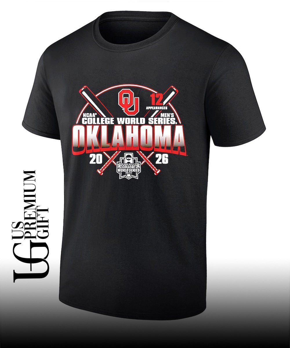 Oklahoma Sooners crossed bats 12 appearances NCAA Mens College World Series 2026 shirt Unisex T-shirt, Sweatshirt, Hoodie, Long Sleeve Tee - T-Shirt, Sweatshirt, Hoodie