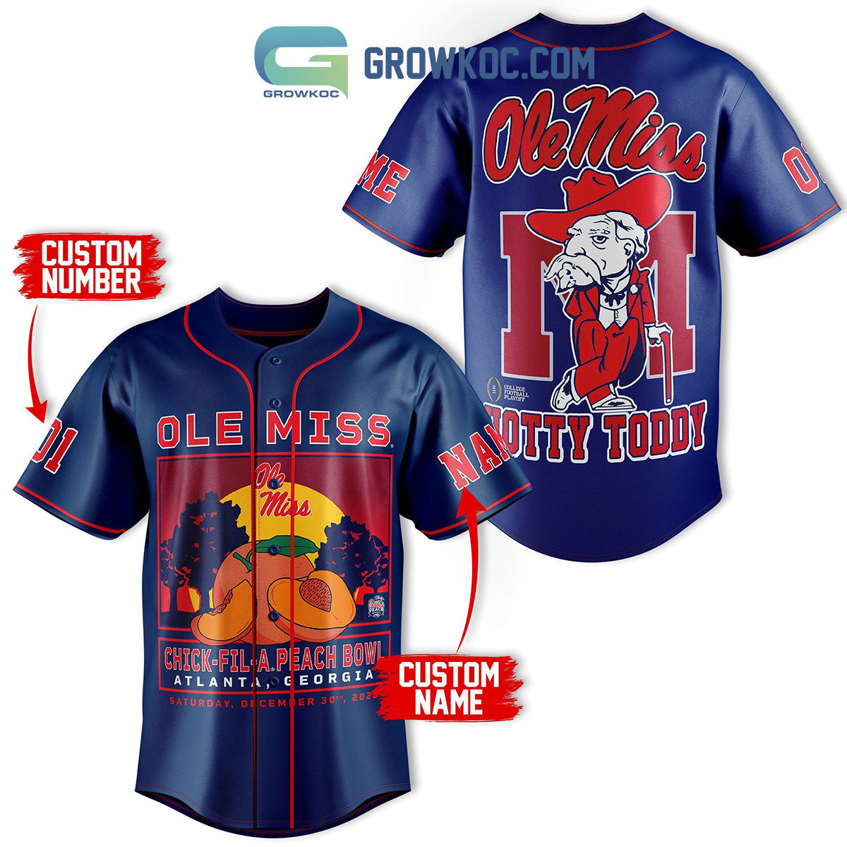 Ole Miss Rebel Chick-fil-APeach Bowl Personalized Baseball Jersey Navy Unisex T-shirt, Sweatshirt, Hoodie, Long Sleeve Tee - T-Shirt, Sweatshirt, Hoodie