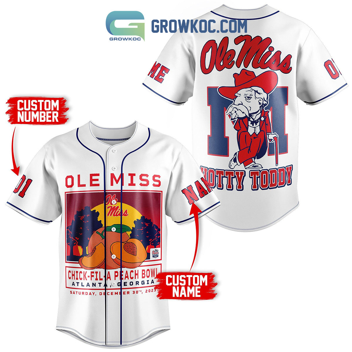Ole Miss Rebel Chick-fil-APeach Bowl Personalized Baseball Jersey White Unisex T-shirt, Sweatshirt, Hoodie, Long Sleeve Tee - T-Shirt, Sweatshirt, Hoodie