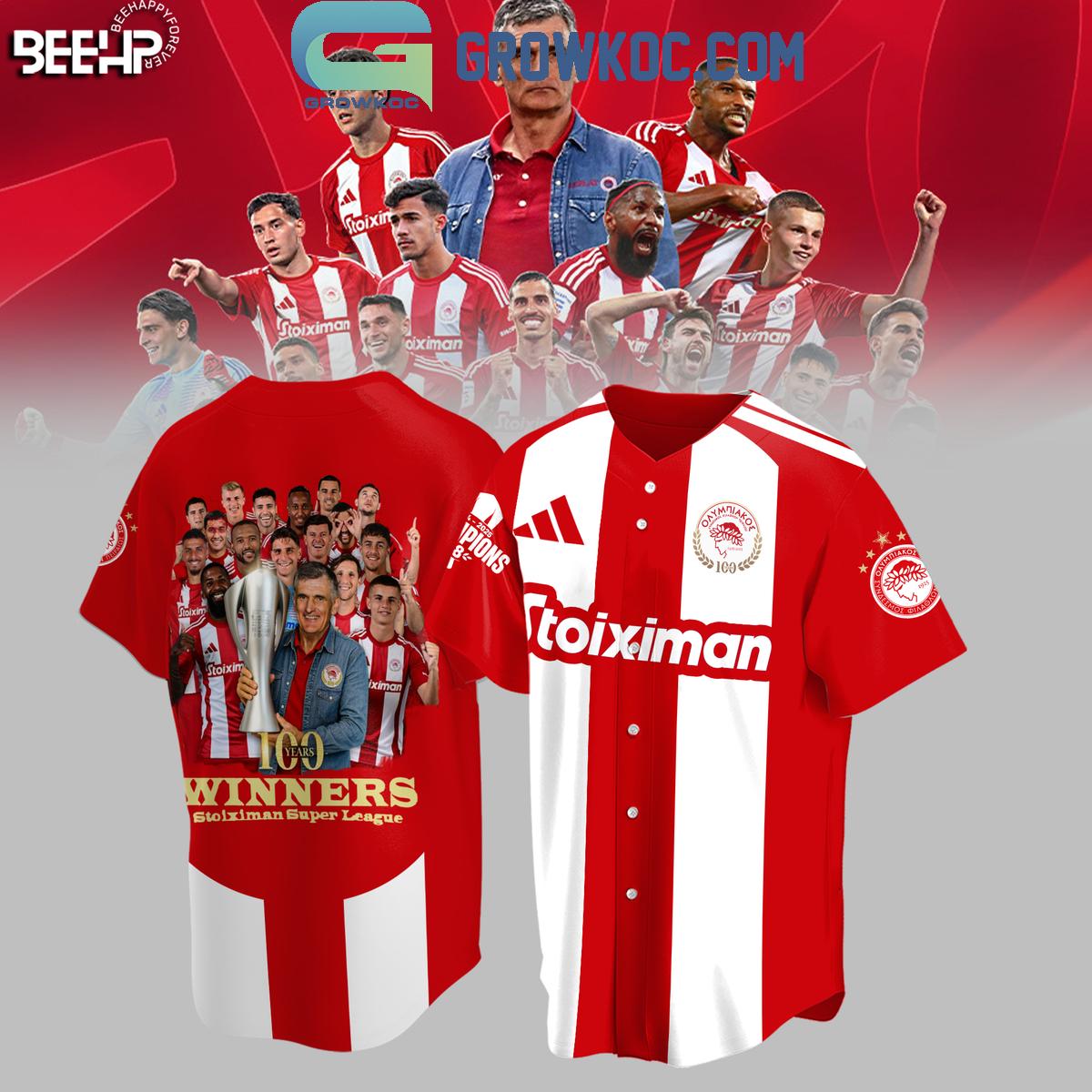 Olympiakos 100 Years Winners Stoiximan Super League Baseball Jersey Unisex T-shirt, Sweatshirt, Hoodie, Long Sleeve Tee - T-Shirt, Sweatshirt, Hoodie