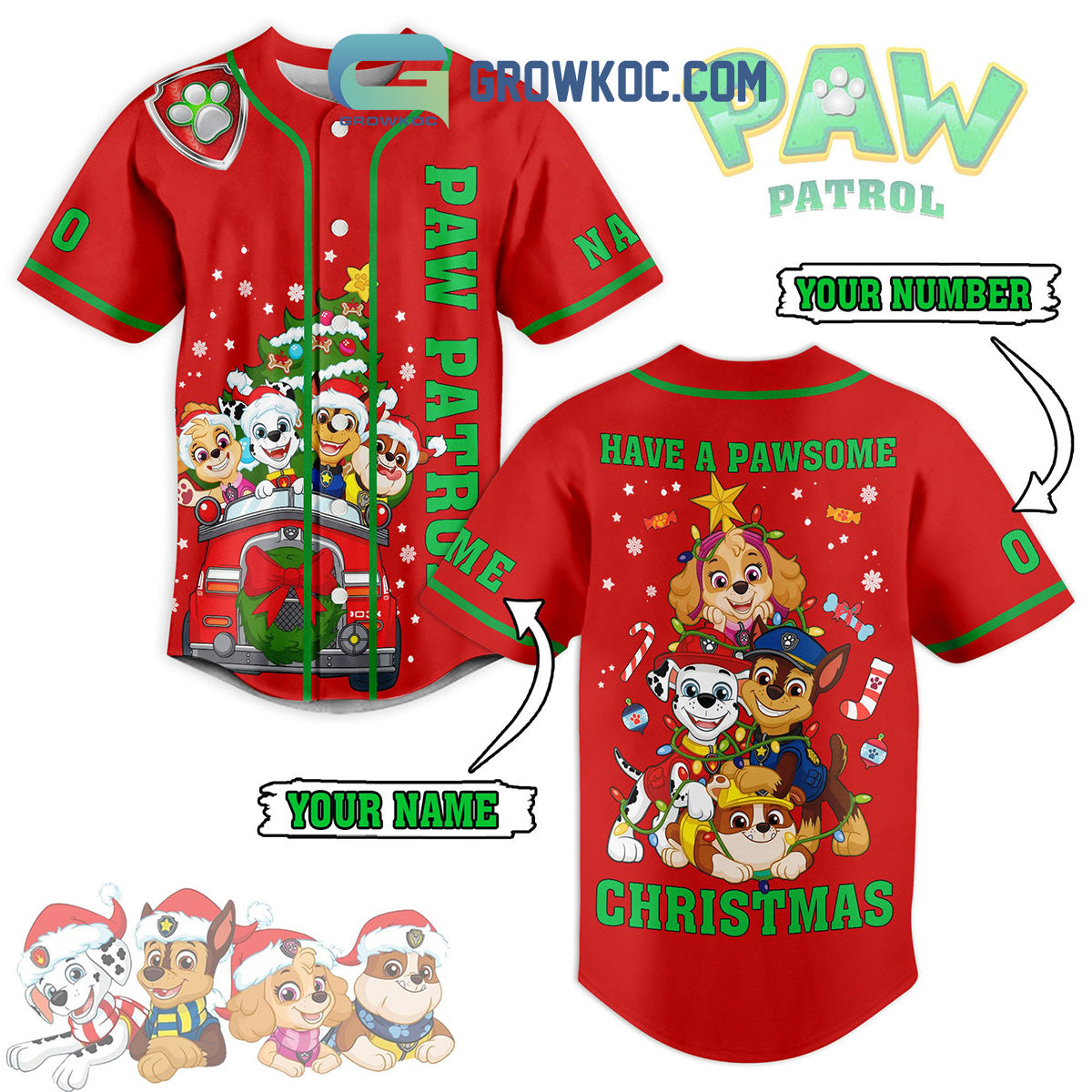 Paw Patrol Have A Pawsome Christmas Holiday Custom Name Number Baseball Jersey Unisex T-shirt, Sweatshirt, Hoodie, Long Sleeve Tee - T-Shirt, Sweatshirt, Hoodie