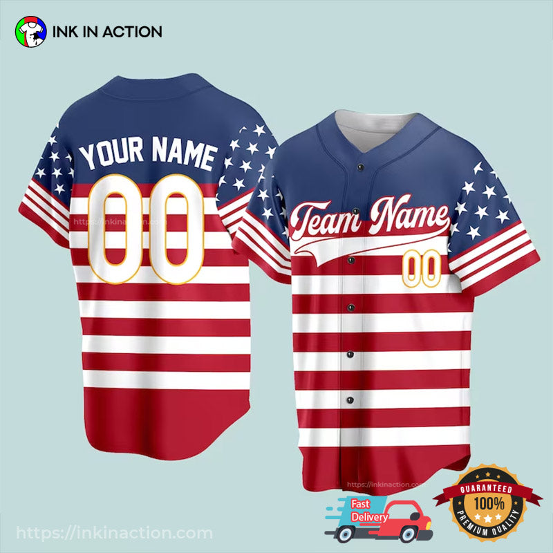 Personalized American Flag Independence Day Baseball Jersey Unisex T-shirt, Sweatshirt, Hoodie, Long Sleeve Tee - T-Shirt, Sweatshirt, Hoodie