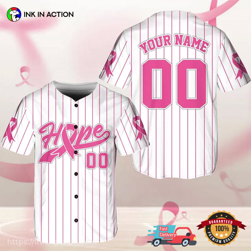 Personalized Breast Cancer Hope Pink Ribbons Baseball Jersey Unisex T-shirt, Sweatshirt, Hoodie, Long Sleeve Tee - T-Shirt, Sweatshirt, Hoodie