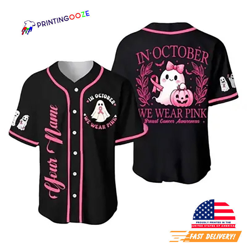 Personalized In October We Wear Pink Baseball Jersey Unisex T-shirt, Sweatshirt, Hoodie, Long Sleeve Tee - T-Shirt, Sweatshirt, Hoodie