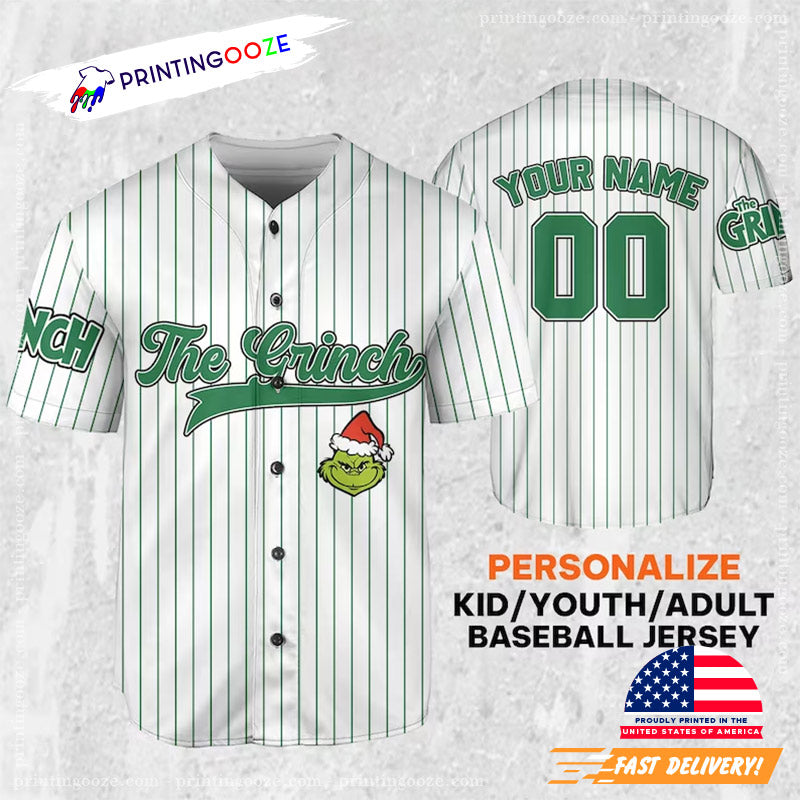 Personalized Name And Number The Grinch Santa Baseball Jersey Unisex T-shirt, Sweatshirt, Hoodie, Long Sleeve Tee - T-Shirt, Sweatshirt, Hoodie