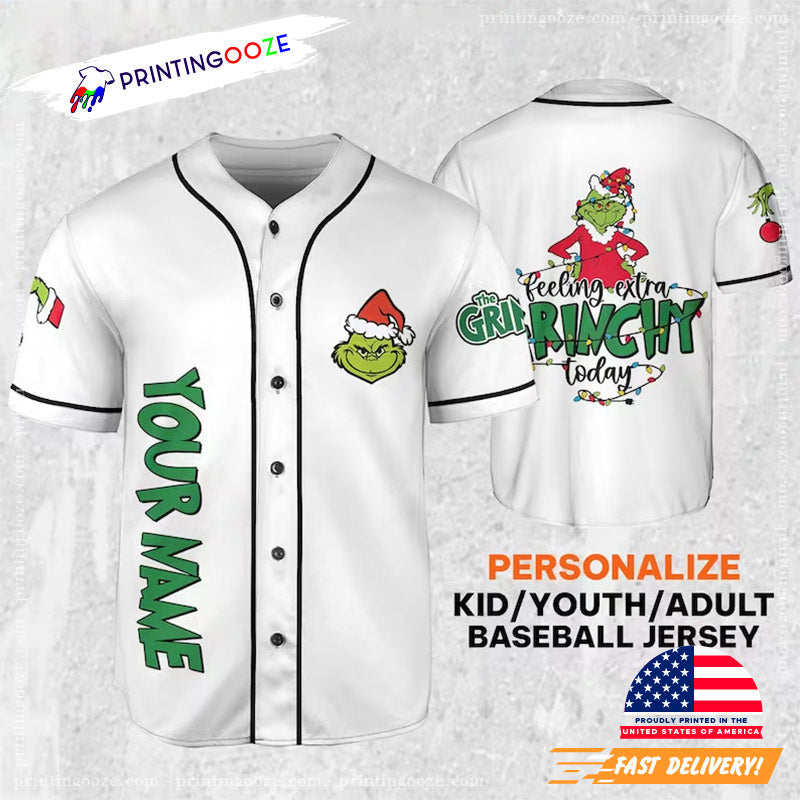 Personalized Name Feeling Extra Grinchy Today Grinchmas Baseball Jersey Unisex T-shirt, Sweatshirt, Hoodie, Long Sleeve Tee - T-Shirt, Sweatshirt, Hoodie