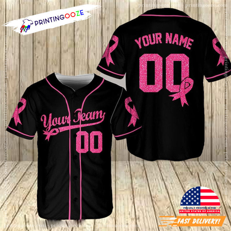 Personalized Name For Breast Cancer Month Baseball Jersey Unisex T-shirt, Sweatshirt, Hoodie, Long Sleeve Tee - T-Shirt, Sweatshirt, Hoodie
