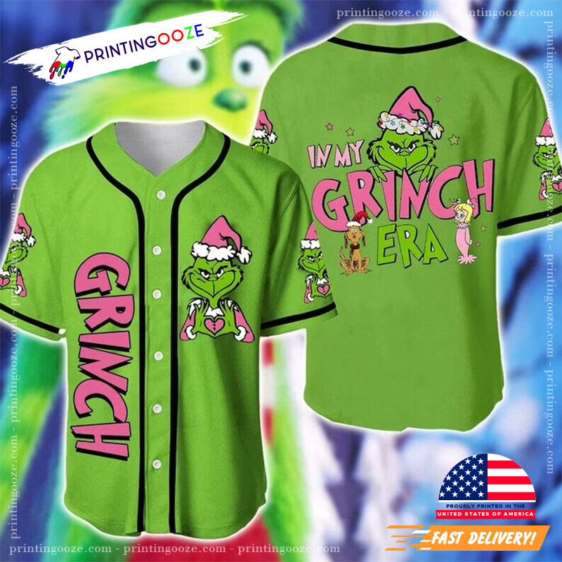 Personalized Name In My Grinch Era Grinchmas Green Baseball Jersey Unisex T-shirt, Sweatshirt, Hoodie, Long Sleeve Tee - T-Shirt, Sweatshirt, Hoodie
