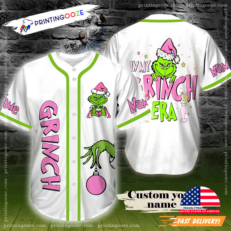 Personalized Name In My Grinch Era Santa Baseball Jersey Unisex T-shirt, Sweatshirt, Hoodie, Long Sleeve Tee - T-Shirt, Sweatshirt, Hoodie