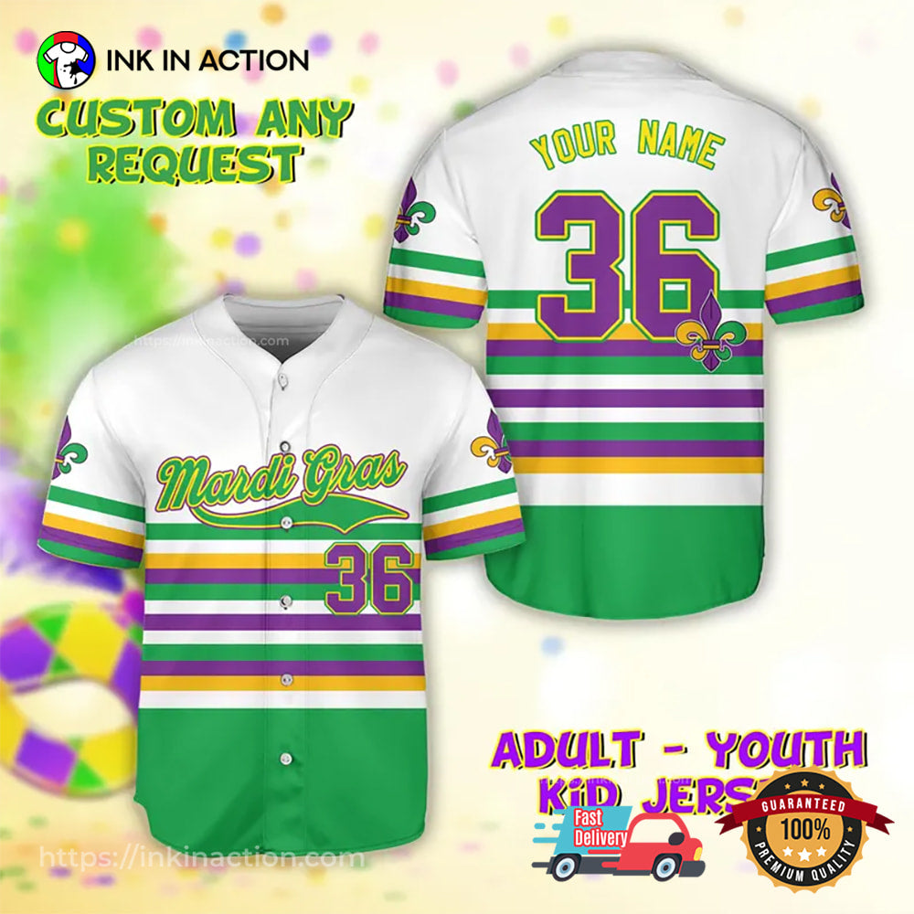 Personalized Name Mardi Gras Baseball Jersey Unisex T-shirt, Sweatshirt, Hoodie, Long Sleeve Tee - T-Shirt, Sweatshirt, Hoodie