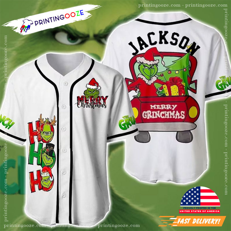 Personalized Name Merry Grinchmas White Baseball Jersey Unisex T-shirt, Sweatshirt, Hoodie, Long Sleeve Tee - T-Shirt, Sweatshirt, Hoodie