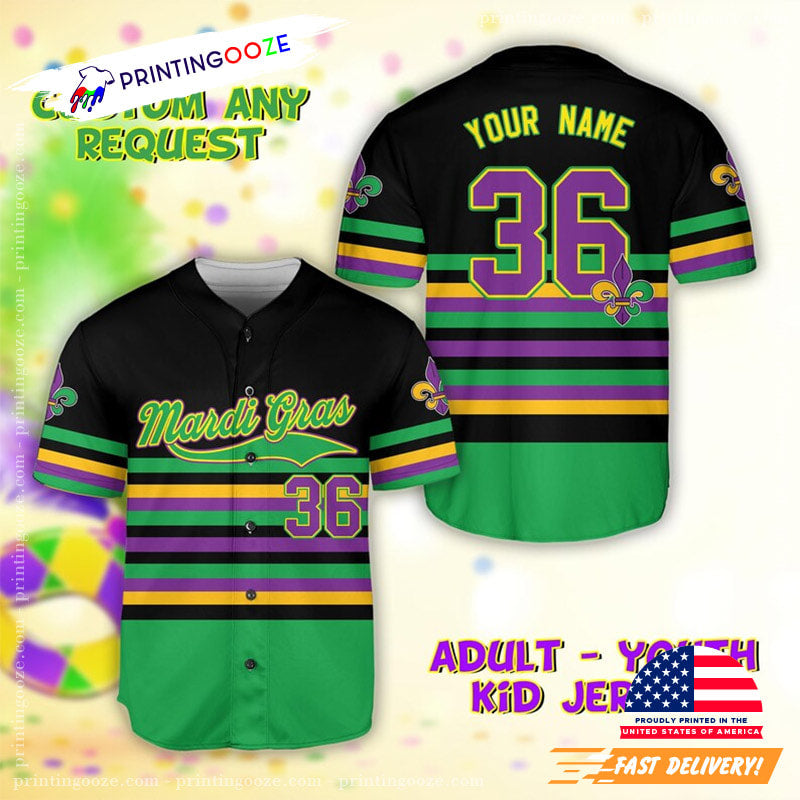 Personalized Name Fat Tuesday Mardi Gras Baseball Jersey Unisex T-shirt, Sweatshirt, Hoodie, Long Sleeve Tee - T-Shirt, Sweatshirt, Hoodie
