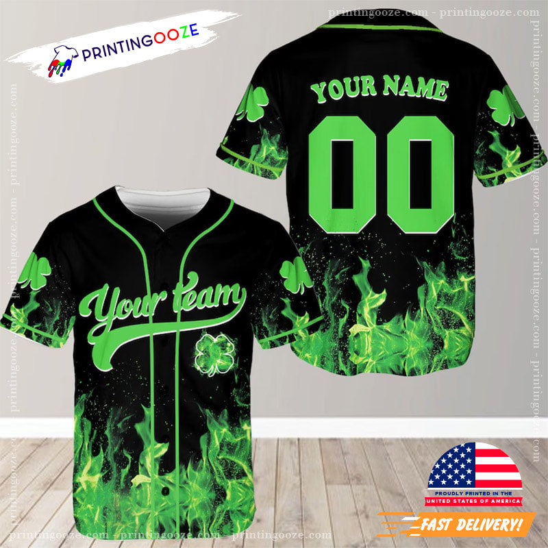 Personalized St. Patricks Day Shamrock On Fire Baseball Jersey Unisex T-shirt, Sweatshirt, Hoodie, Long Sleeve Tee - T-Shirt, Sweatshirt, Hoodie