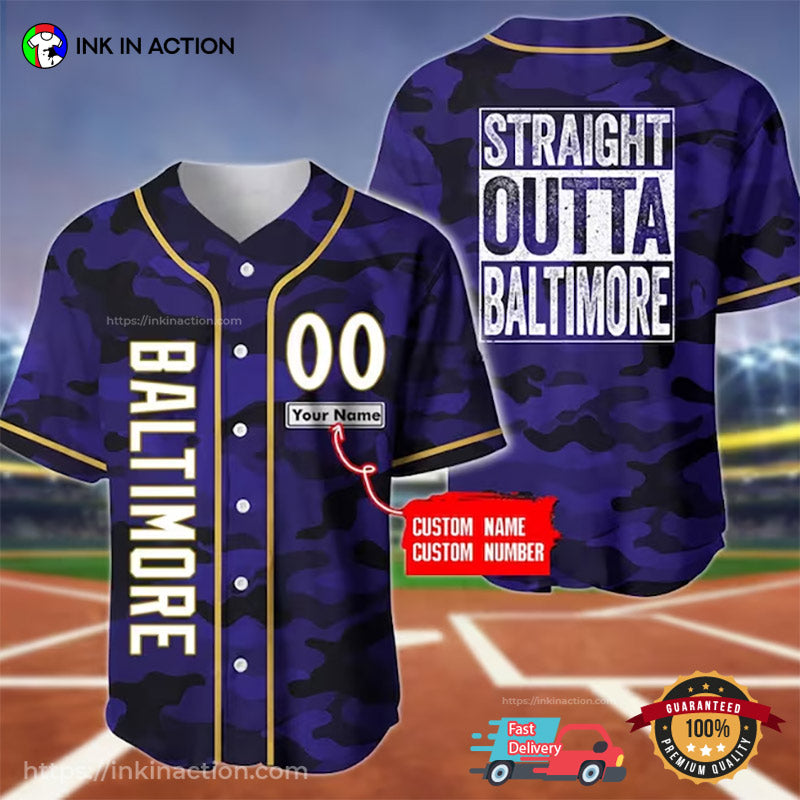 Personalized Straight Outta Baltimore Baseball Jersey, Baltimore Ravens Football Merch Unisex T-shirt, Sweatshirt, Hoodie, Long Sleeve Tee - T-Shirt, Sweatshirt, Hoodie