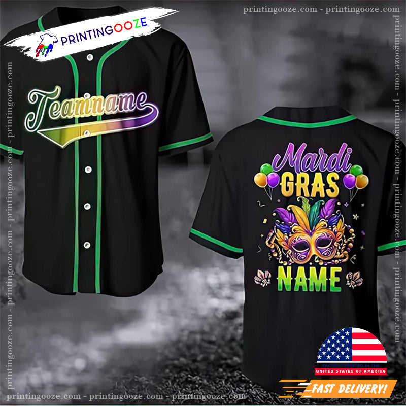 Personalized Team Name Mardi Gras Mask Festival Baseball Jersey No.1 Unisex T-shirt, Sweatshirt, Hoodie, Long Sleeve Tee - T-Shirt, Sweatshirt, Hoodie