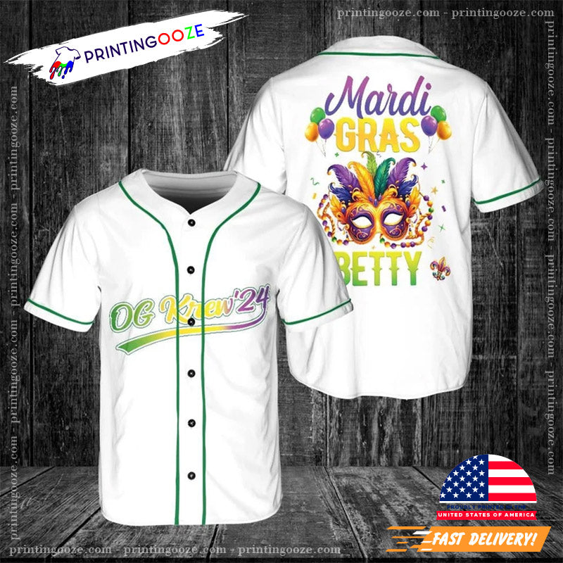 Personalized Team Name Mardi Gras Mask Festival Baseball Jersey No.2 Unisex T-shirt, Sweatshirt, Hoodie, Long Sleeve Tee - T-Shirt, Sweatshirt, Hoodie