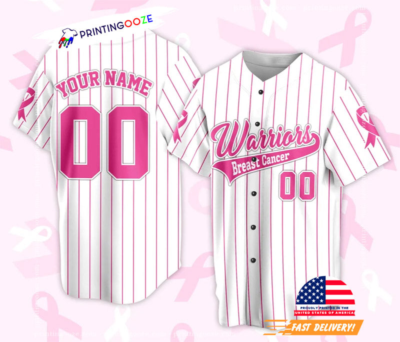 Personalized Warriors Breast Cancer Baseball Jersey Unisex T-shirt, Sweatshirt, Hoodie, Long Sleeve Tee - T-Shirt, Sweatshirt, Hoodie