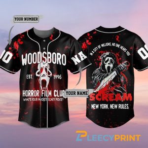Personalized Woodsboro Baseball Jersey Shirt, Scream Horror Movie Jersey Unisex T-shirt, Sweatshirt, Hoodie, Long Sleeve Tee - T-Shirt, Sweatshirt, Hoodie