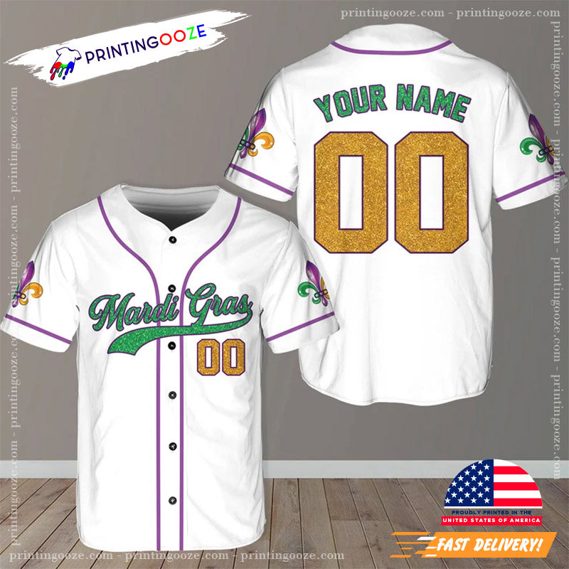 Personalized Carnival Mardi Gras Baseball Jersey No. 1 Unisex T-shirt, Sweatshirt, Hoodie, Long Sleeve Tee - T-Shirt, Sweatshirt, Hoodie