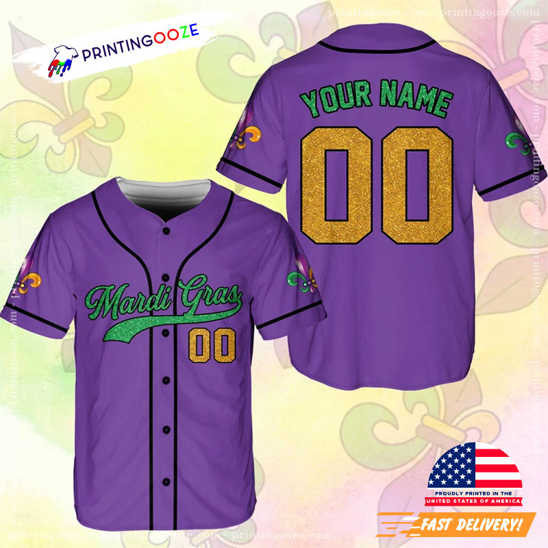 Personalized Carnival Mardi Gras Baseball Jersey No.3 Unisex T-shirt, Sweatshirt, Hoodie, Long Sleeve Tee - T-Shirt, Sweatshirt, Hoodie