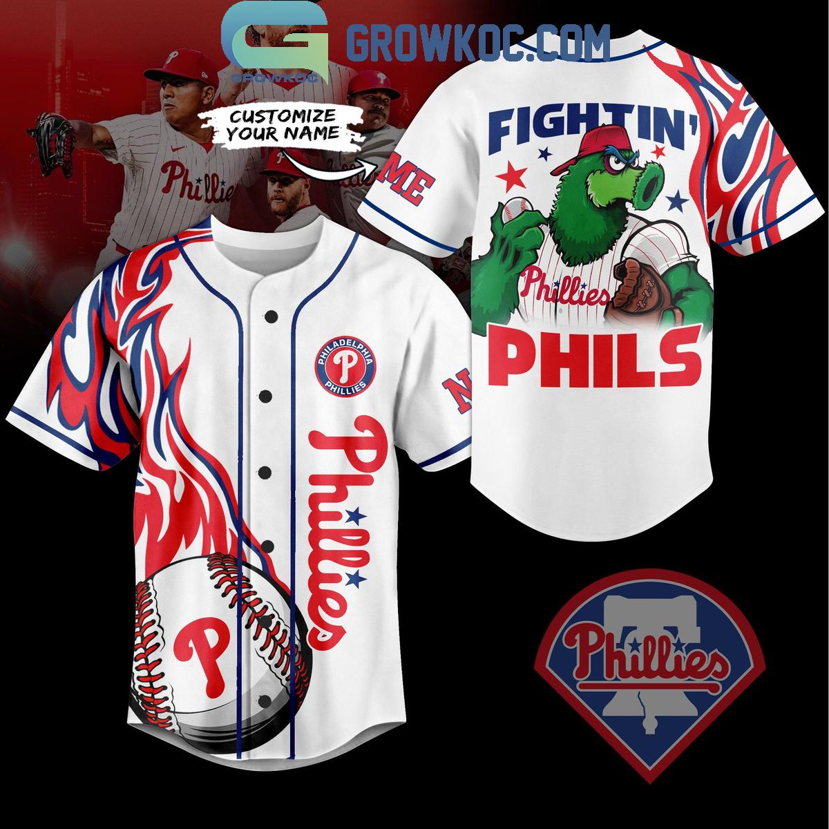 Philadelphia Phillies Fightin Phils Flames Personalized Baseball Jersey Unisex T-shirt, Sweatshirt, Hoodie, Long Sleeve Tee - T-Shirt, Sweatshirt, Hoodie