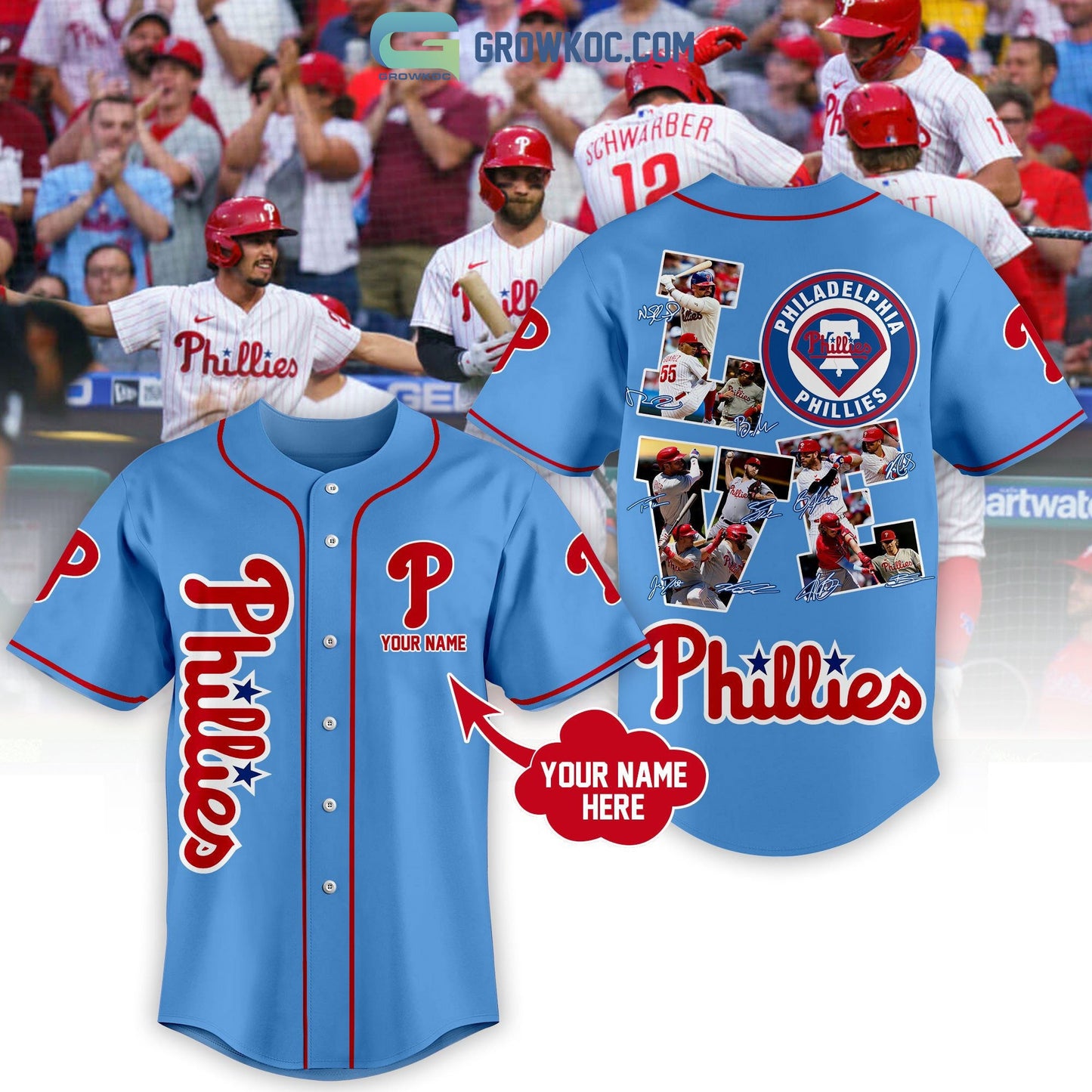 Philadelphia Phillies Love Team Light Blue Design Personalized Baseball Jersey Unisex T-shirt, Sweatshirt, Hoodie, Long Sleeve Tee - T-Shirt, Sweatshirt, Hoodie