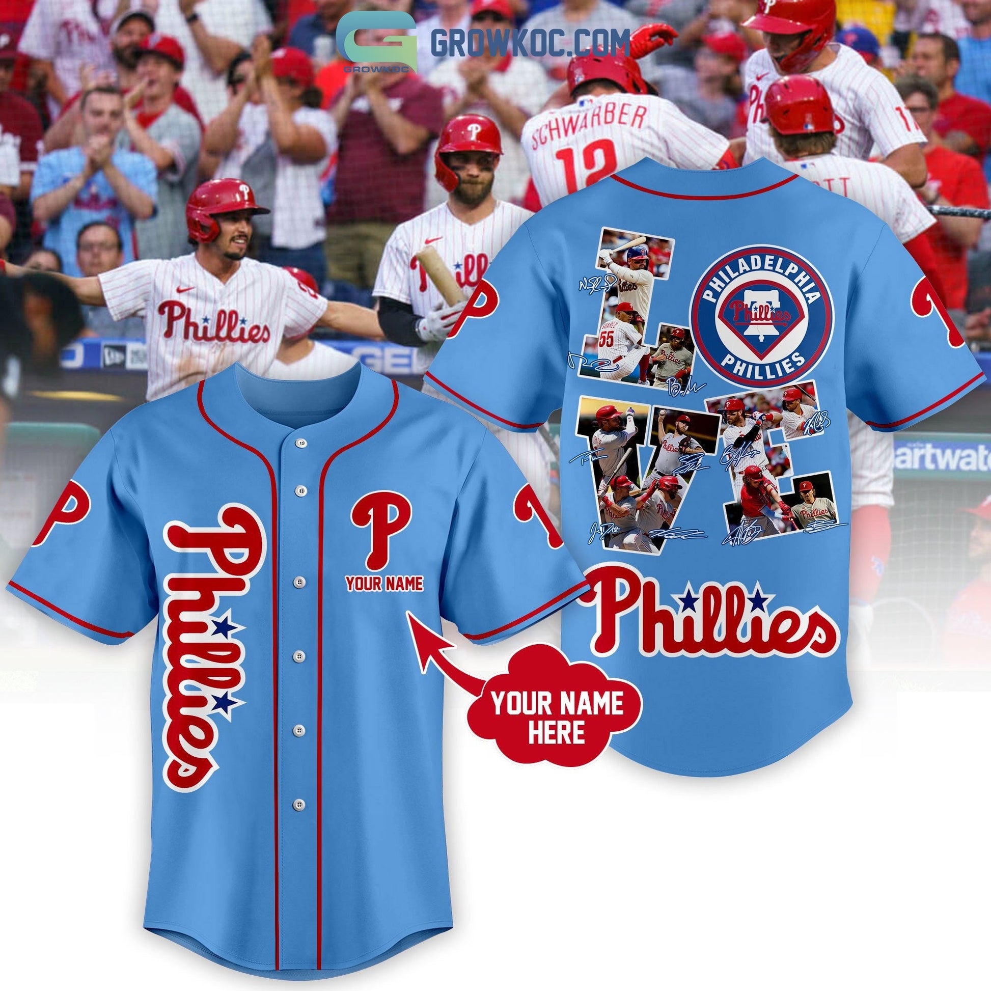 Philadelphia Phillies Love Team Light Blue Design Personalized Baseball Jersey Unisex T-shirt, Sweatshirt, Hoodie, Long Sleeve Tee - T-Shirt, Sweatshirt, Hoodie