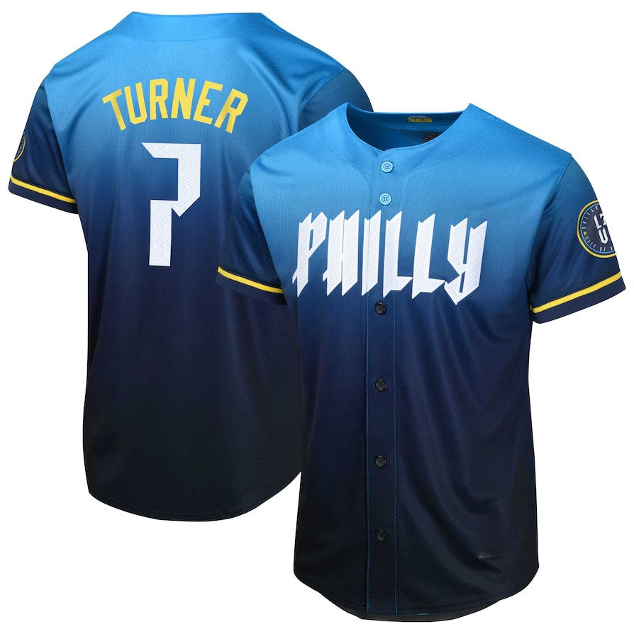 Philadelphia Phillies #7 Trea Turner 2024 City Connect Limited Player Jersey - Blue Stitches Baseball Jerseys baseball jersey product view 1