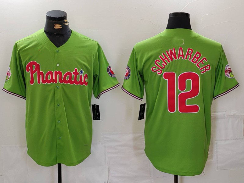 Philadelphia Phillies #12 Kyle Schwarber Green With Patch Stitched Cool Base Baseball Jersey baseball jersey product view 1