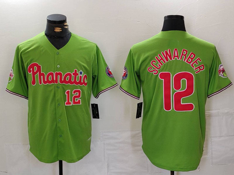 Philadelphia Phillies #12 Kyle Schwarber Number Green With Patch Stitched Cool Base Baseball Jersey baseball jersey product view 1