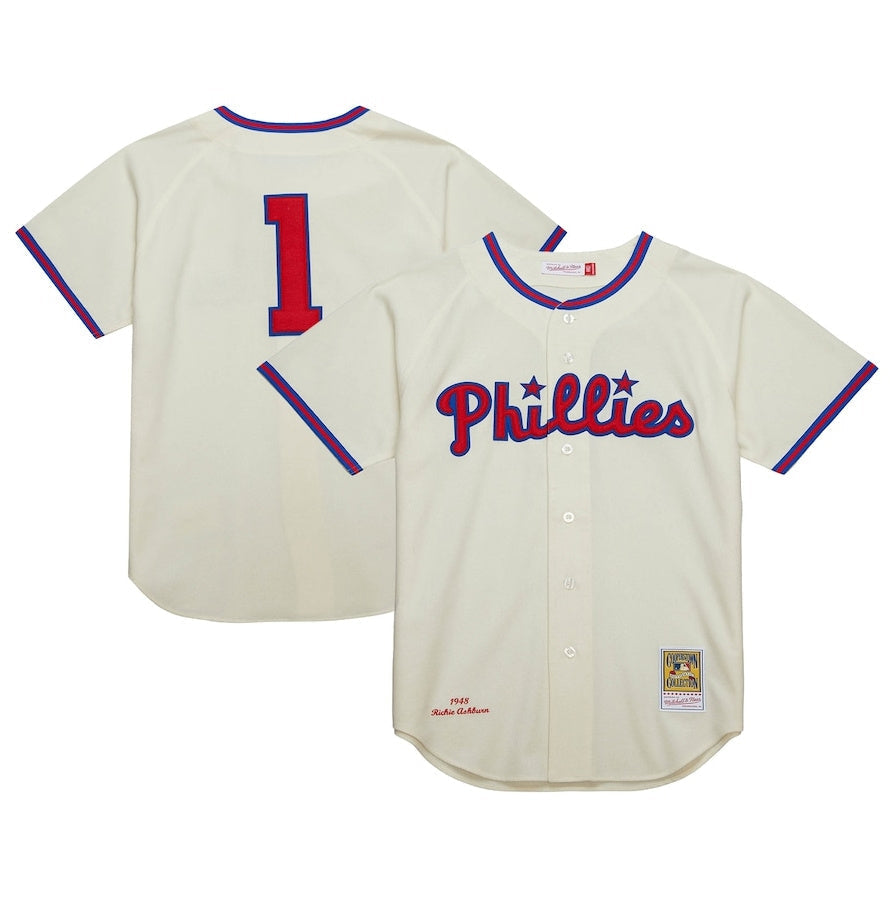 Philadelphia Phillies #1 Richie Ashburn Cooperstown Collection 1948 Authentic Jersey - Cream Baseball Jersey baseball jersey product view 1