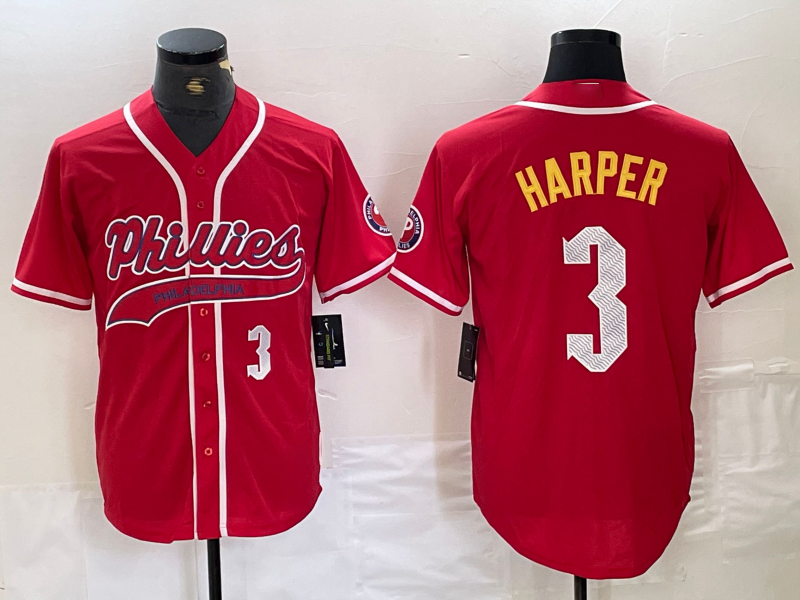 Philadelphia Phillies #3 Bryce Harper Number Red Cool Base Stitched Baseball Jerseys baseball jersey product view 1