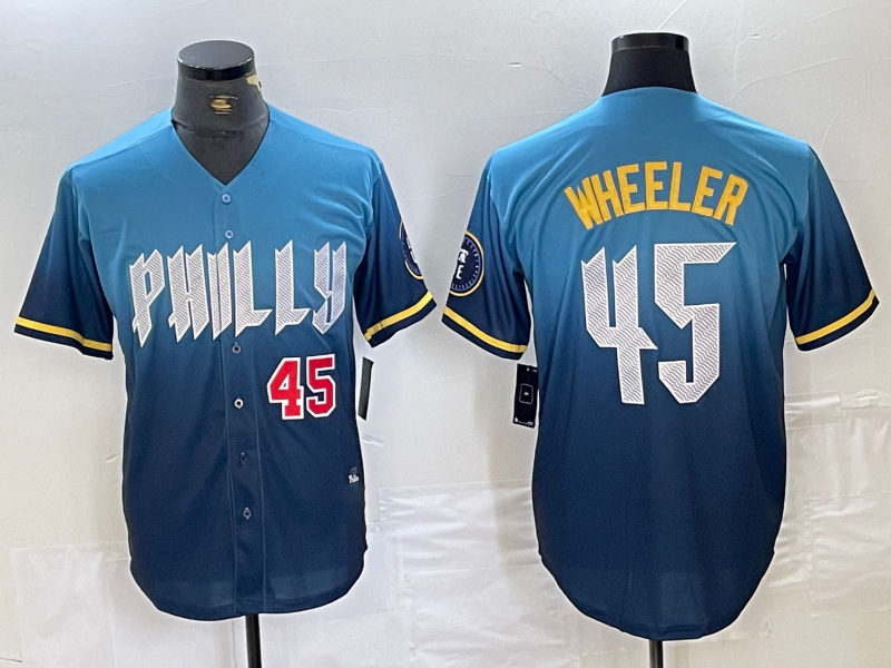 Philadelphia Phillies #45 Zack Wheeler Blue 2024 City Player Number Cool Base Stitched Baseball Jersey baseball jersey product view 1