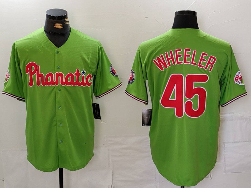Philadelphia Phillies #45 Zack Wheeler Green With Patch Stitched Cool Base Baseball Jersey baseball jersey product view 1