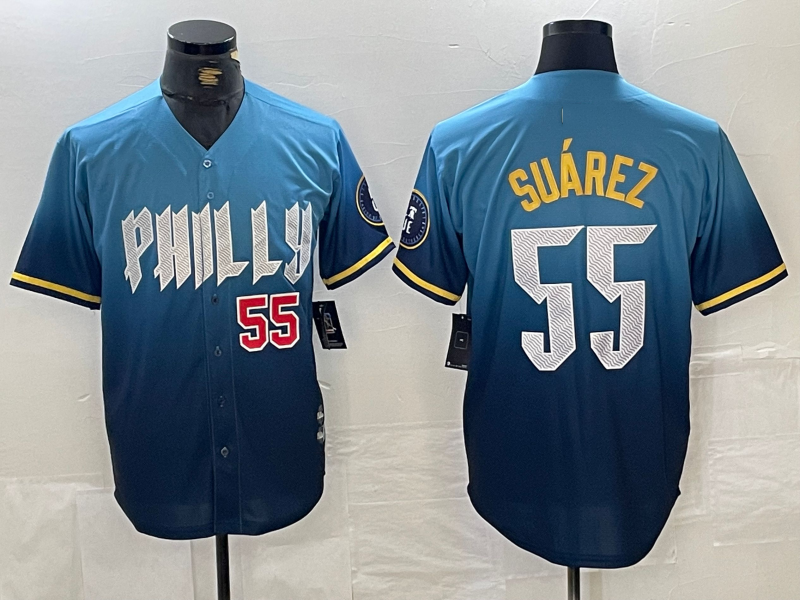 Philadelphia Phillies #55 Ranger Suarez Blue 2024 City Player Number Cool Base Baseball Jersey baseball jersey product view 1