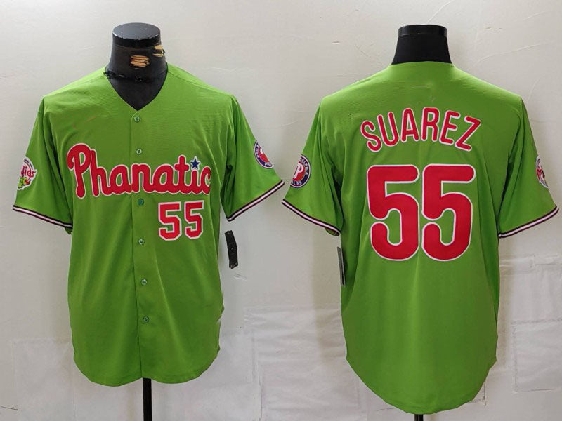 Philadelphia Phillies #55 Ranger Suarez Number Green With Patch Stitched Cool Base Baseball Jersey baseball jersey product view 1