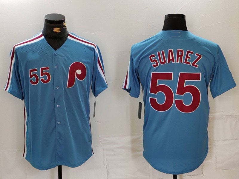 Philadelphia Phillies #55 Ranger Suarez Number Light Blue Cooperstown Cool Base Baseball Jersey baseball jersey product view 1