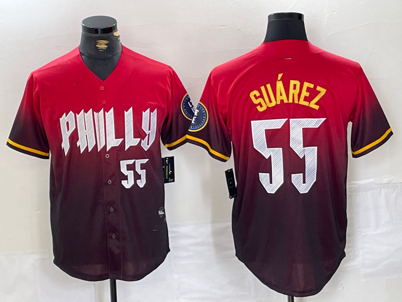 Philadelphia Phillies #55 Ranger Suarez Red 2024 City Player Number Cool Base Baseball Jersey baseball jersey product view 1