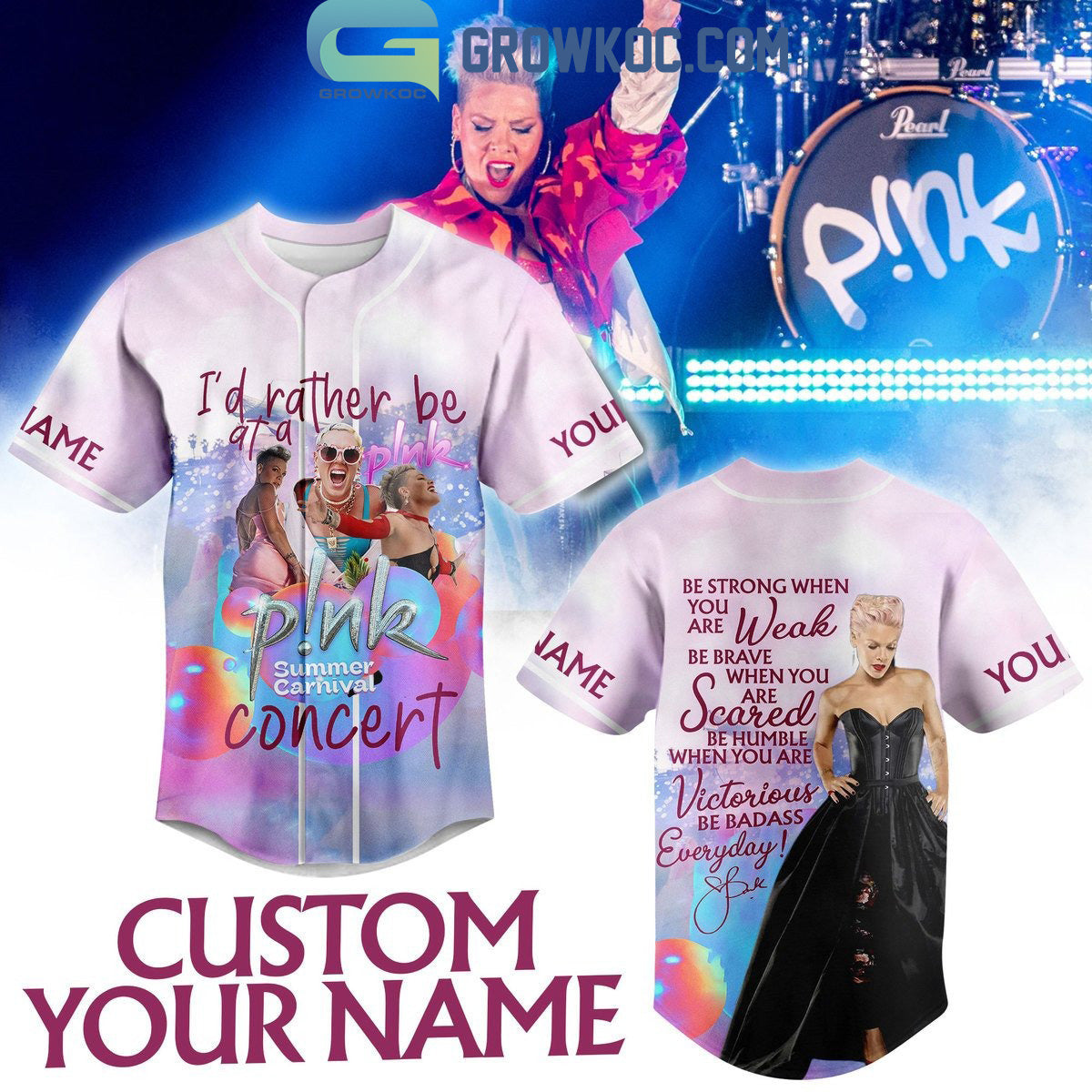 Pink Id Rather Be At A Summer Carnival Concert Personalized Baseball Jersey Unisex T-shirt, Sweatshirt, Hoodie, Long Sleeve Tee - T-Shirt, Sweatshirt, Hoodie