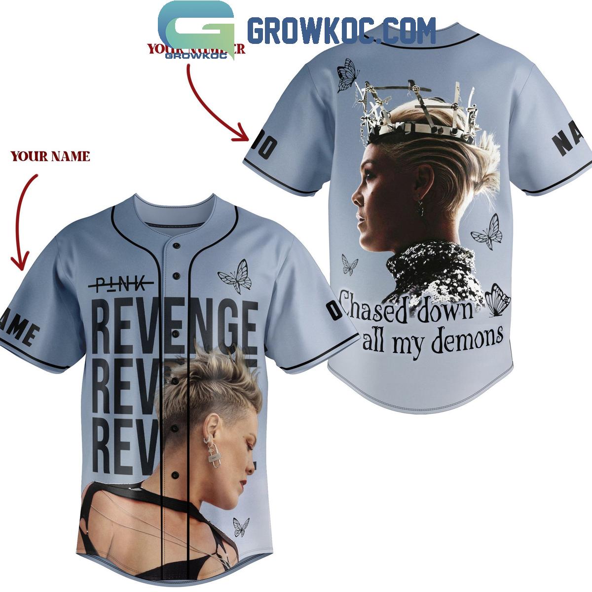 Pink Revenge Chased Down All My Demons Personalized Baseball Jersey Unisex T-shirt, Sweatshirt, Hoodie, Long Sleeve Tee - T-Shirt, Sweatshirt, Hoodie