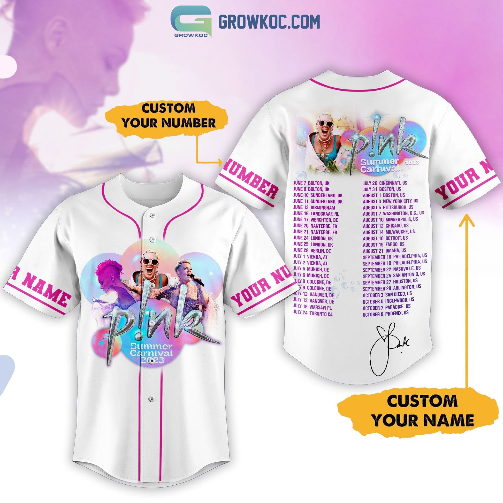 Pink Summer Carnival 2023 Tour White Design Personalized Baseball Jersey Unisex T-shirt, Sweatshirt, Hoodie, Long Sleeve Tee - T-Shirt, Sweatshirt, Hoodie